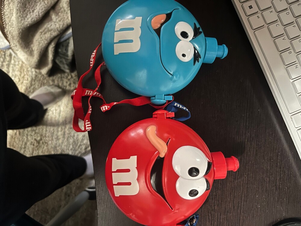 M&M's Canteen Candy Dispenser Red and Blue Plastic Character Set